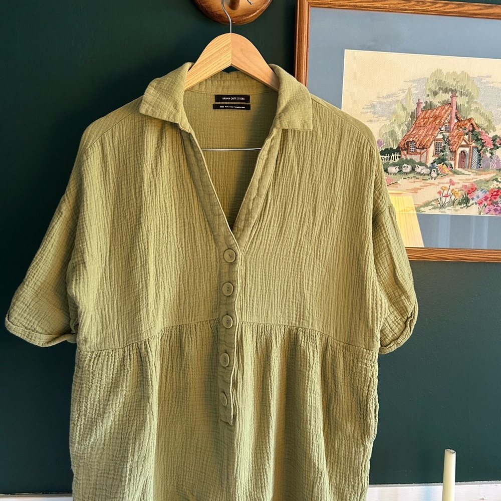 Urban Outfitters Linen Olive Green Button-Up Romper Length